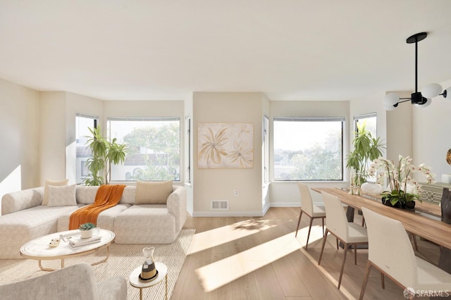 living room featuring a healthy amount of sunlight and light hardwood / wood-style flooring