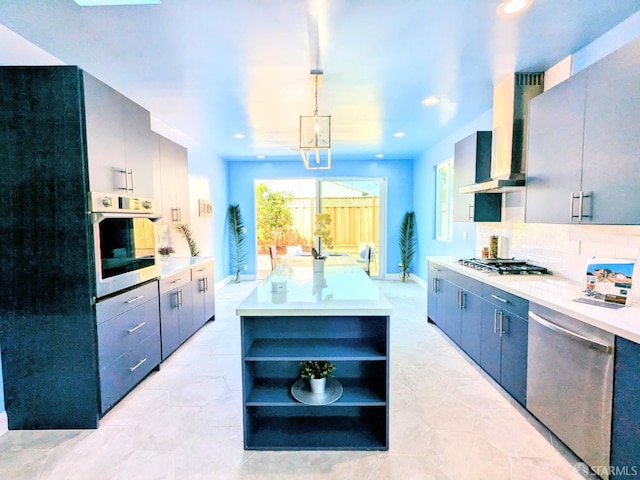 kitchen with appliances with stainless steel finishes, backsplash, open shelves, and light countertops
