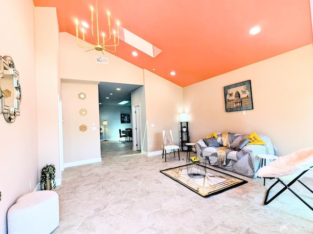 living area with recessed lighting, a skylight, a chandelier, visible vents, and high vaulted ceiling