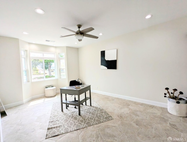 home office featuring stone finish floor, visible vents, baseboards, recessed lighting, and a ceiling fan