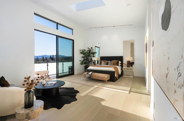 bedroom with a skylight, access to outside, light wood-style floors, and rail lighting