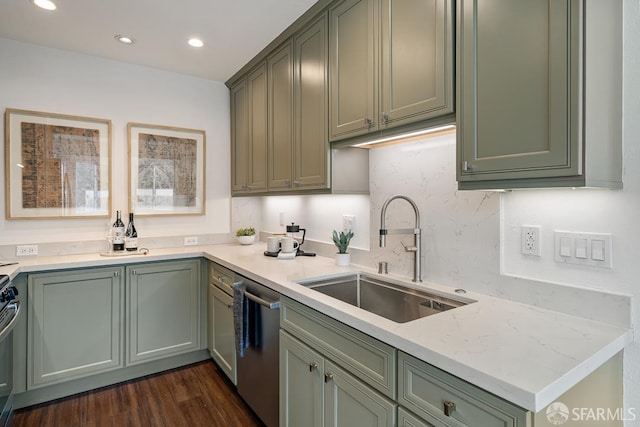 955 Ridgeview Ct Unit C, South San Francisco, CA 94080 - kitchen with stainless steel appliances, green cabinets, dark wood-style floors, recessed lighting, and tasteful backsplash
