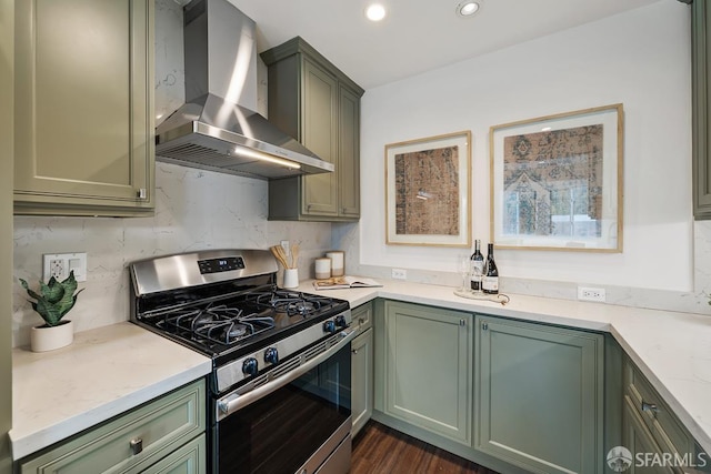 955 Ridgeview Ct Unit C, South San Francisco, CA 94080 - kitchen with stainless steel range with gas cooktop, wall chimney exhaust hood, green cabinetry, decorative backsplash, and recessed lighting