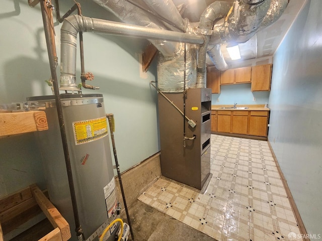 utilities featuring heating unit, water heater, and sink