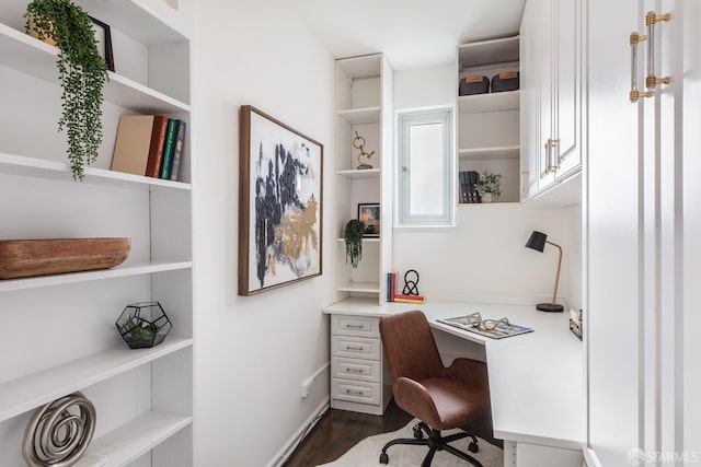 home office with built in desk and dark wood-type flooring