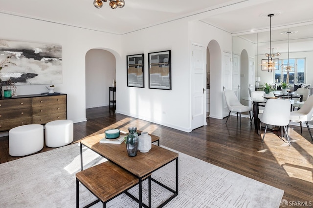 living room with a notable chandelier and dark hardwood / wood-style flooring