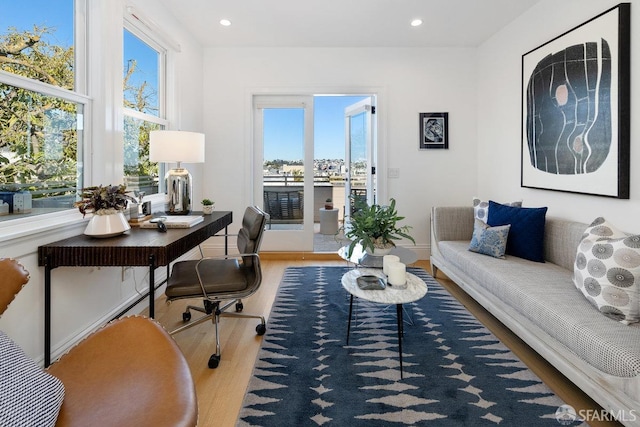 living room with a wealth of natural light and hardwood / wood-style floors