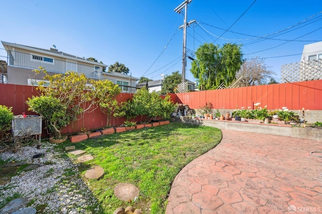 view of yard featuring a fenced backyard and a patio