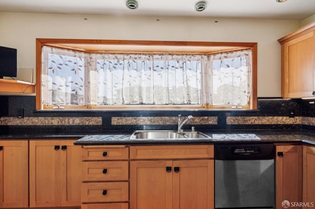 kitchen with a sink, tasteful backsplash, and dishwasher