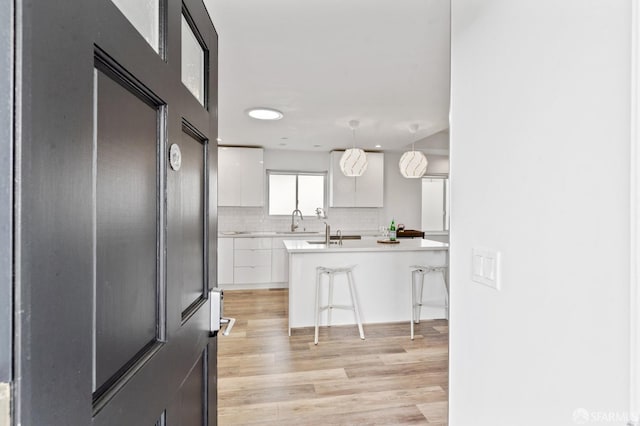 kitchen featuring light wood-style floors, white cabinets, a sink, and modern cabinets