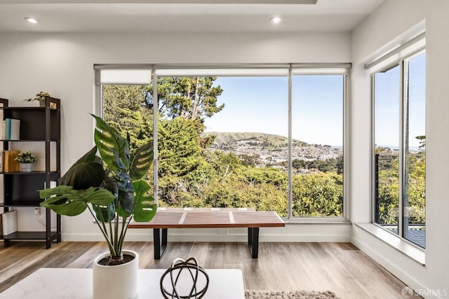 sunroom featuring a mountain view