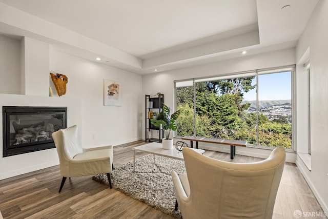 living area with recessed lighting, wood finished floors, and a glass covered fireplace