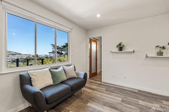 living area featuring recessed lighting, baseboards, and wood finished floors