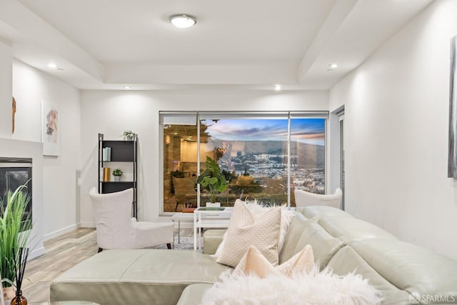 interior space with a fireplace, baseboards, wood finished floors, and recessed lighting