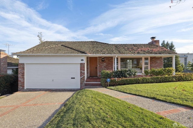 ranch-style house with a garage and a front lawn