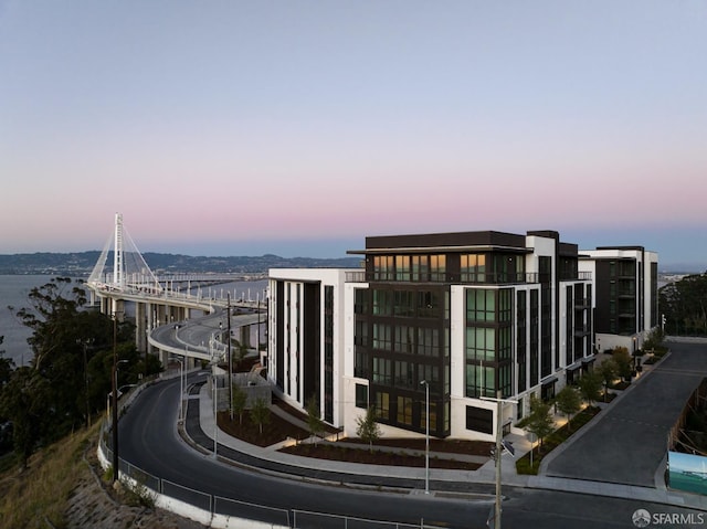 exterior space with a water view