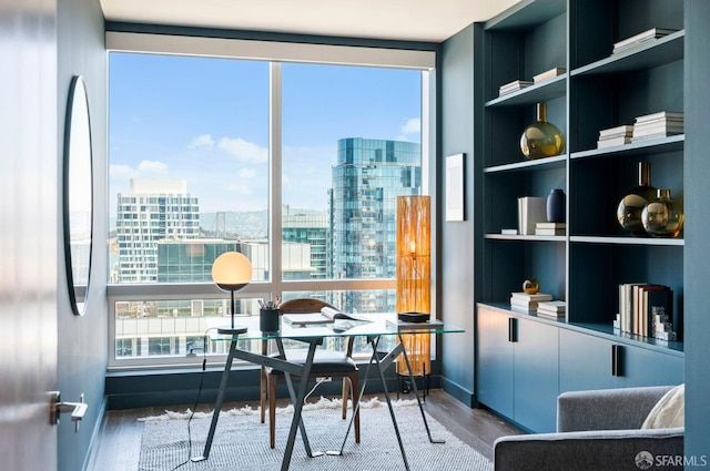 office space featuring built in shelves and hardwood / wood-style floors