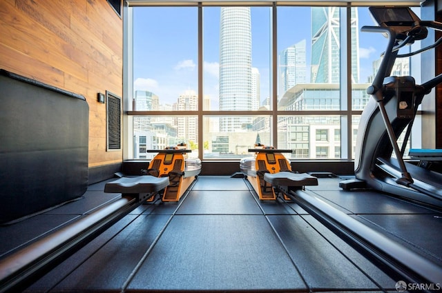 exercise room featuring wooden walls