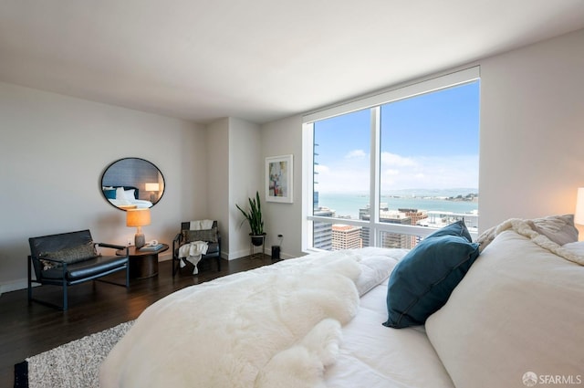 bedroom featuring a water view and dark hardwood / wood-style floors