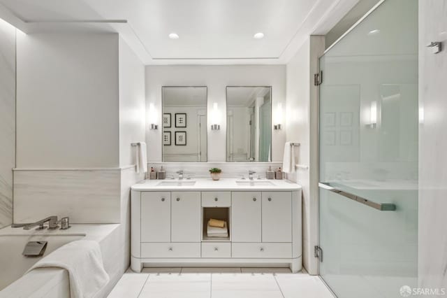 bathroom featuring separate shower and tub, tile patterned floors, crown molding, decorative backsplash, and vanity