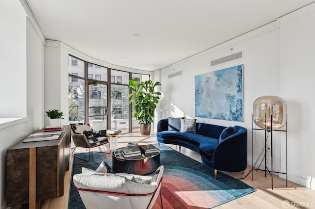 living room featuring light hardwood / wood-style floors and a wall of windows