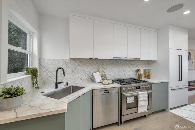 kitchen featuring appliances with stainless steel finishes, decorative backsplash, white cabinetry, and sink