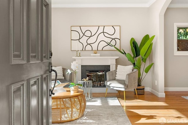 sitting room with ornamental molding and light hardwood / wood-style flooring