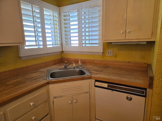 kitchen featuring white cabinets, a sink, and dishwasher