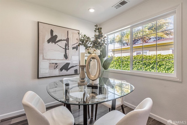 718 Whipple Ave, Redwood City, CA 94063 - dining space with baseboards, wood finished floors, ornamental molding, and recessed lighting