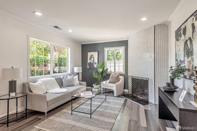 718 Whipple Ave, Redwood City, CA 94063 - living room featuring wood finished floors, a tile fireplace, baseboards, recessed lighting, and ornamental molding