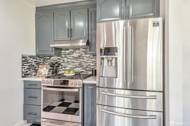 718 Whipple Ave, Redwood City, CA 94063 - kitchen with appliances with stainless steel finishes, under cabinet range hood, gray cabinets, backsplash, and light countertops