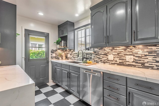 718 Whipple Ave, Redwood City, CA 94063 - kitchen featuring dishwasher, a sink, tile patterned floors, plenty of natural light, and ornamental molding