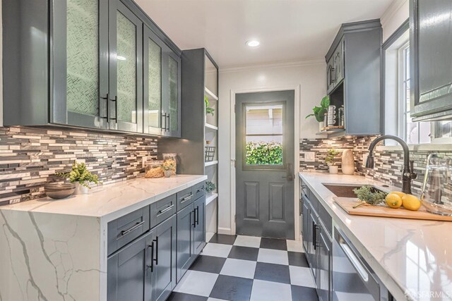 718 Whipple Ave, Redwood City, CA 94063 - bar area featuring dark flooring, a sink, plenty of natural light, backsplash, and crown molding
