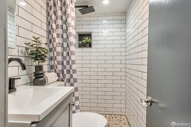 718 Whipple Ave, Redwood City, CA 94063 - full bath featuring a tile shower, vanity, tile walls, and toilet