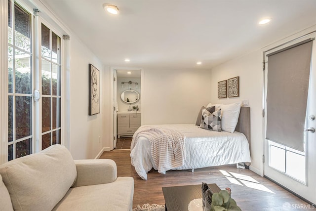 718 Whipple Ave, Redwood City, CA 94063 - bedroom featuring baseboards, wood finished floors, recessed lighting, and connected bathroom