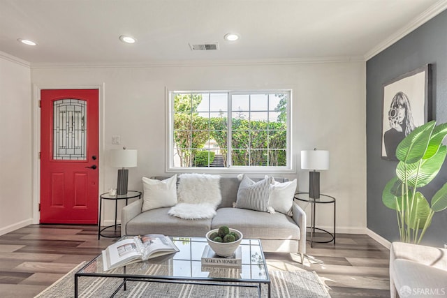 718 Whipple Ave, Redwood City, CA 94063 - living area with wood finished floors, ornamental molding, baseboards, and recessed lighting