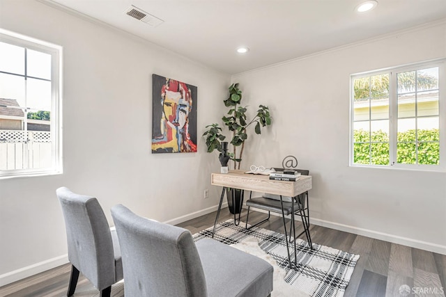 718 Whipple Ave, Redwood City, CA 94063 - office featuring baseboards, recessed lighting, ornamental molding, and wood finished floors
