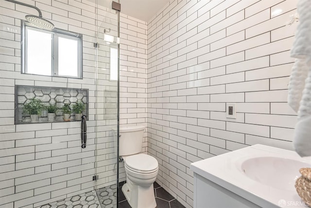 718 Whipple Ave, Redwood City, CA 94063 - full bath with a shower stall, vanity, tile walls, toilet, and tile patterned flooring