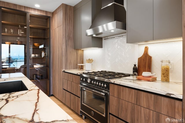 kitchen with high end range, light stone counters, tasteful backsplash, and range hood