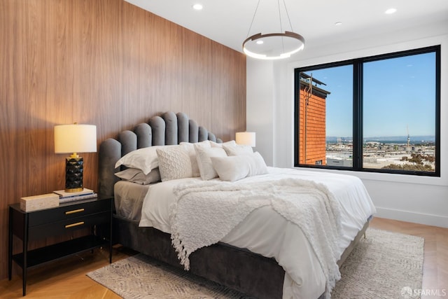 bedroom featuring light parquet floors