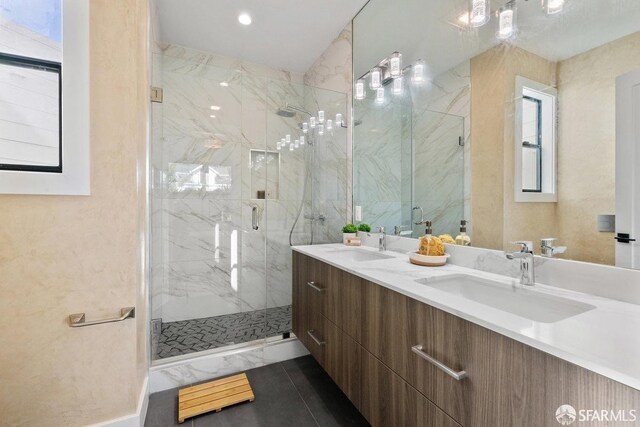 2219 Bryant St, San Francisco, CA 94110 - bathroom with vanity, a shower with shower door, and tile patterned flooring