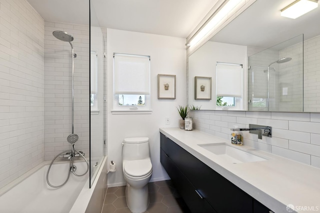 2464 Alida St, Oakland, CA 95602 - bathroom featuring vanity, tile patterned flooring, tiled shower / bath combo, and tasteful backsplash