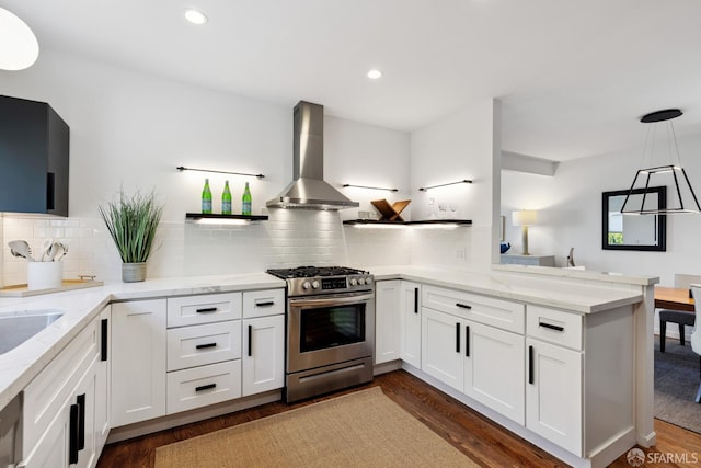 2464 Alida St, Oakland, CA 95602 - kitchen featuring stainless steel gas stove, open shelves, wall chimney exhaust hood, a peninsula, and recessed lighting