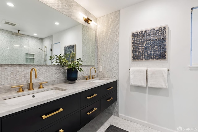 2464 Alida St, Oakland, CA 95602 - full bath featuring double vanity, a walk in shower, tile patterned flooring, recessed lighting, and decorative backsplash