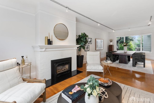 living area with light wood finished floors, a brick fireplace, baseboards, and track lighting