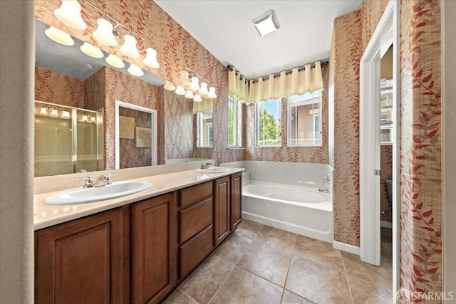 41008 Asilomar Ter, Fremont, CA 94538 - full bathroom with wallpapered walls, a bath, a shower stall, double vanity, and tile patterned flooring