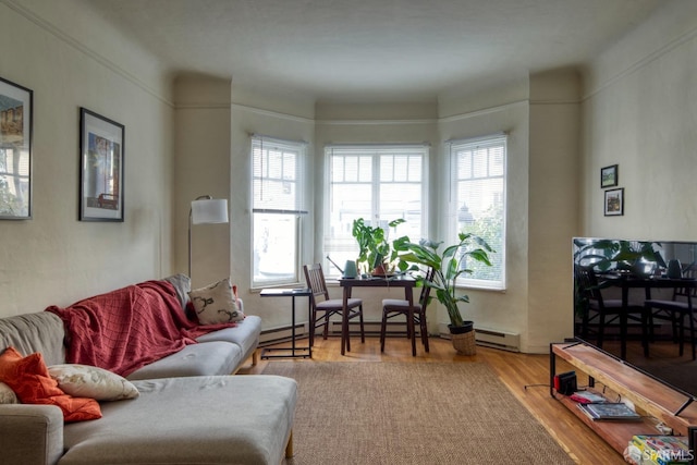 living room featuring light hardwood / wood-style floors and a baseboard heating unit