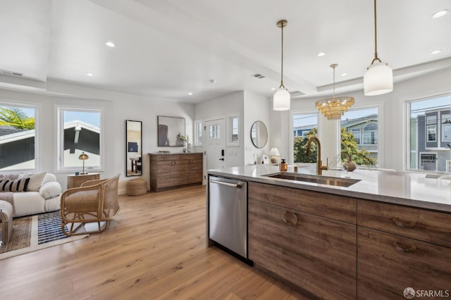 57 Niagara Ave, San Francisco, CA 94112 - kitchen featuring dishwasher, plenty of natural light, light wood-style floors, recessed lighting, and hanging light fixtures