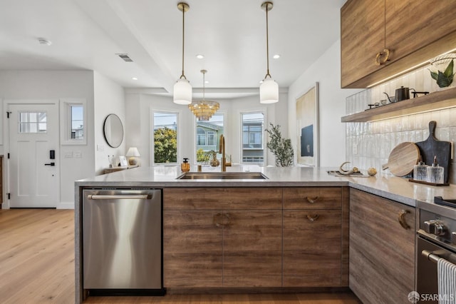 57 Niagara Ave, San Francisco, CA 94112 - kitchen featuring stainless steel dishwasher, wood finished floors, recessed lighting, open shelves, and decorative light fixtures