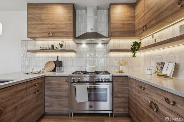 57 Niagara Ave, San Francisco, CA 94112 - kitchen featuring stainless steel stove, wall chimney exhaust hood, open shelves, and decorative backsplash